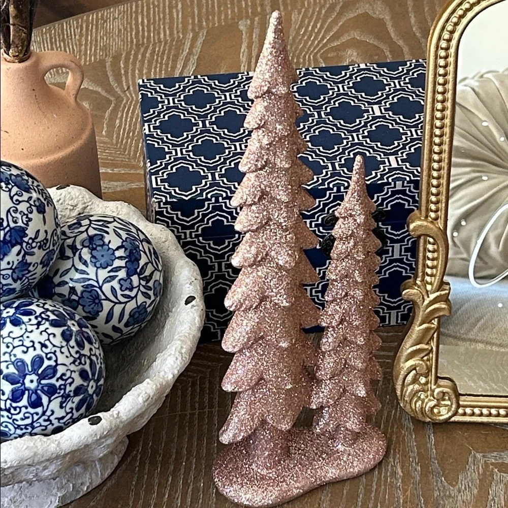 NEW! Shabby Chic Sparkly Rose Gold Glitter Ceramic Christmas Winter Pine Tree